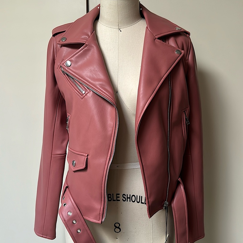 New Zara Faux Leather Biker Jacket in Dark Pink/Mauve - Size Large